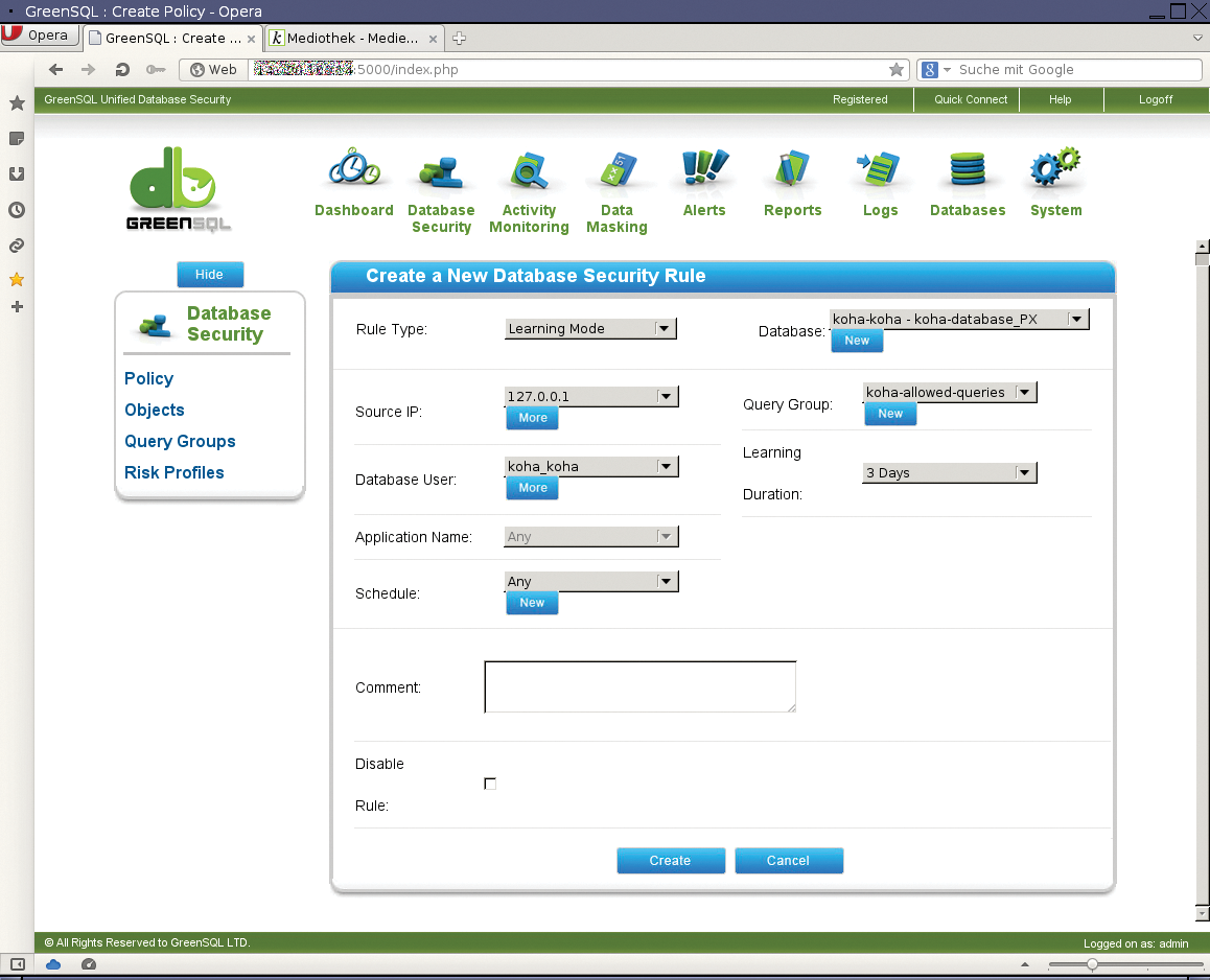 In an initial learning phase, GreenSQL is introduced to permitted or prohibited queries. In an initial learning phase, GreenSQL is introduced to permitted or prohibited queries.