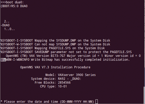 OpenVMS during the first boot after installation on the hard disk. OpenVMS during the first boot after installation on the hard disk.