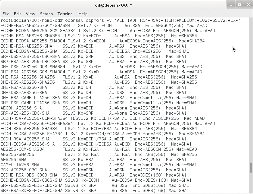 The possible combinations of algorithms, as shown by openssl. The possible combinations of algorithms, as shown by openssl.