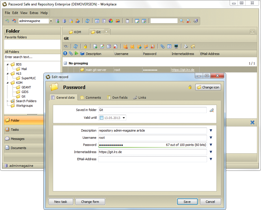 A folder structure in PSE for passwords and a new password entry. A folder structure in PSE for passwords and a new password entry.