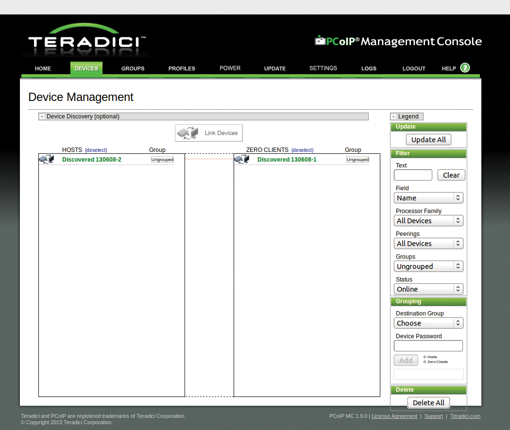 Simple but functional: The PCoIP Management Console automatically searches the network for host cards and zero clients and offers a variety of management functions for administrators. Simple but functional: The PCoIP Management Console automatically searches the network for host cards and zero clients and offers a variety of management functions for administrators.