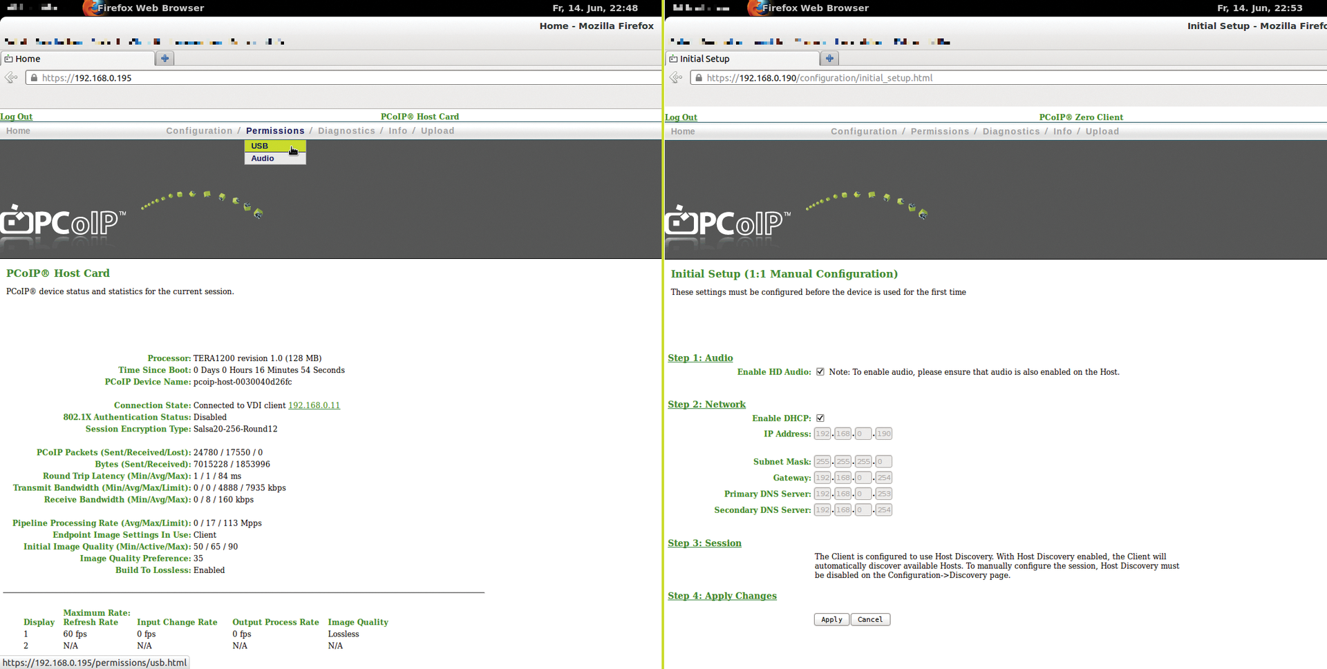 The PCoIP host card (left) and zero client (right) are managed via an easy-to-use, web-based interface that lets you adjust extensive settings. The PCoIP host card (left) and zero client (right) are managed via an easy-to-use, web-based interface that lets you adjust extensive settings.