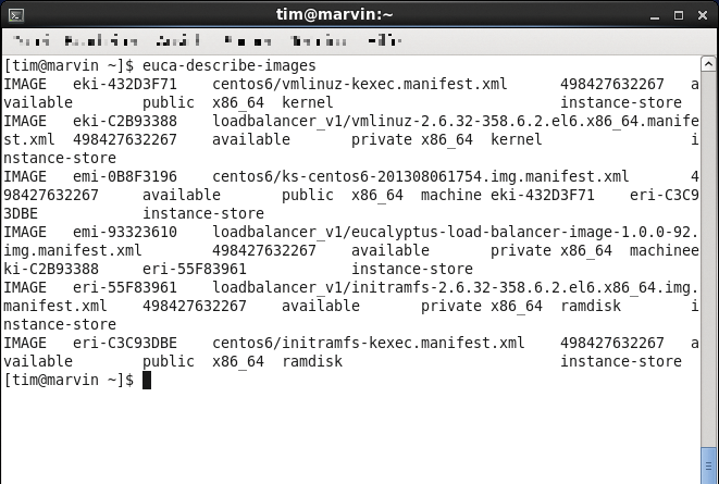 Viewing all the available operating system images with the Euca2ools command euca-describe-images. Viewing all the available operating system images with the Euca2ools command euca-describe-images.