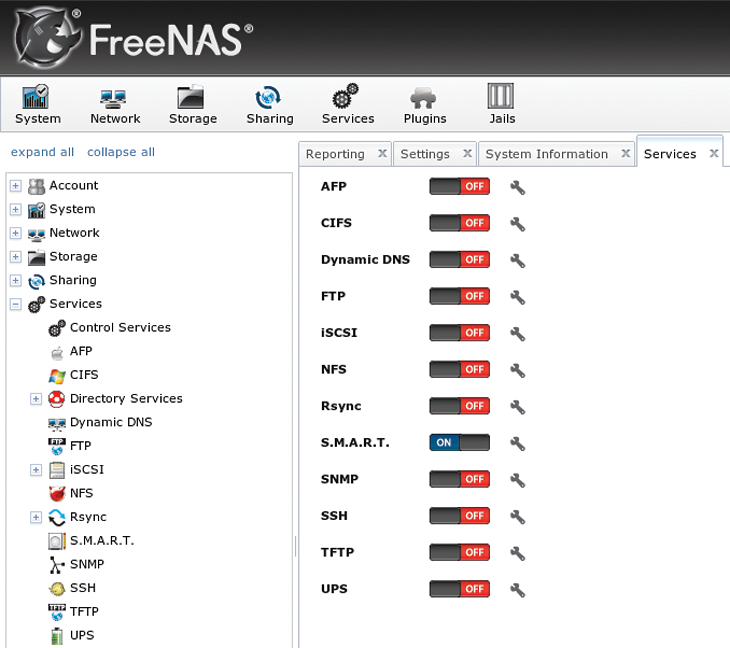 FreeNAS services can be configured from their icons. FreeNAS services can be configured from their icons.