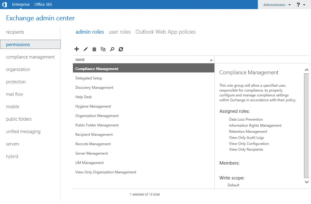 Manage the various management groups in the Permissions section of the Exchange Management Console in Exchange Server 2013 or in the web-based management console, Exchange Admin Center. Manage the various management groups in the Permissions section of the Exchange Management Console in Exchange Server 2013 or in the web-based management console, Exchange Admin Center.