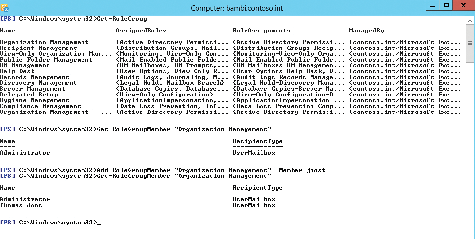 Manage management role groups with simple cmdlets in the Exchange Management Shell. Manage management role groups with simple cmdlets in the Exchange Management Shell.