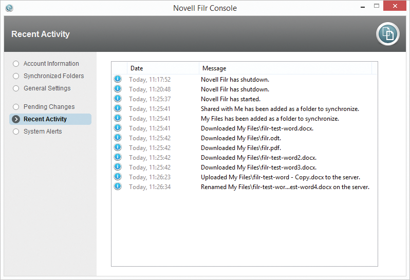 The Windows client Filr Console shows information on all current activities. The Windows client Filr Console shows information on all current activities.
