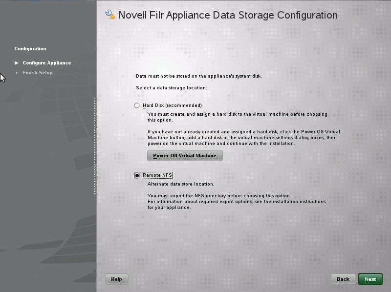 Choosing storage back ends in the SUSE virtual appliance configuration. Choosing storage back ends in the SUSE virtual appliance configuration.