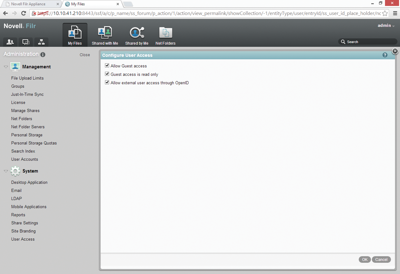 The Filr admin needs to grant guest or external users access to Filr via OpenID – regardless of which object-related privileges they are assigned later on. The Filr admin needs to grant guest or external users access to Filr via OpenID – regardless of which object-related privileges they are assigned later on.