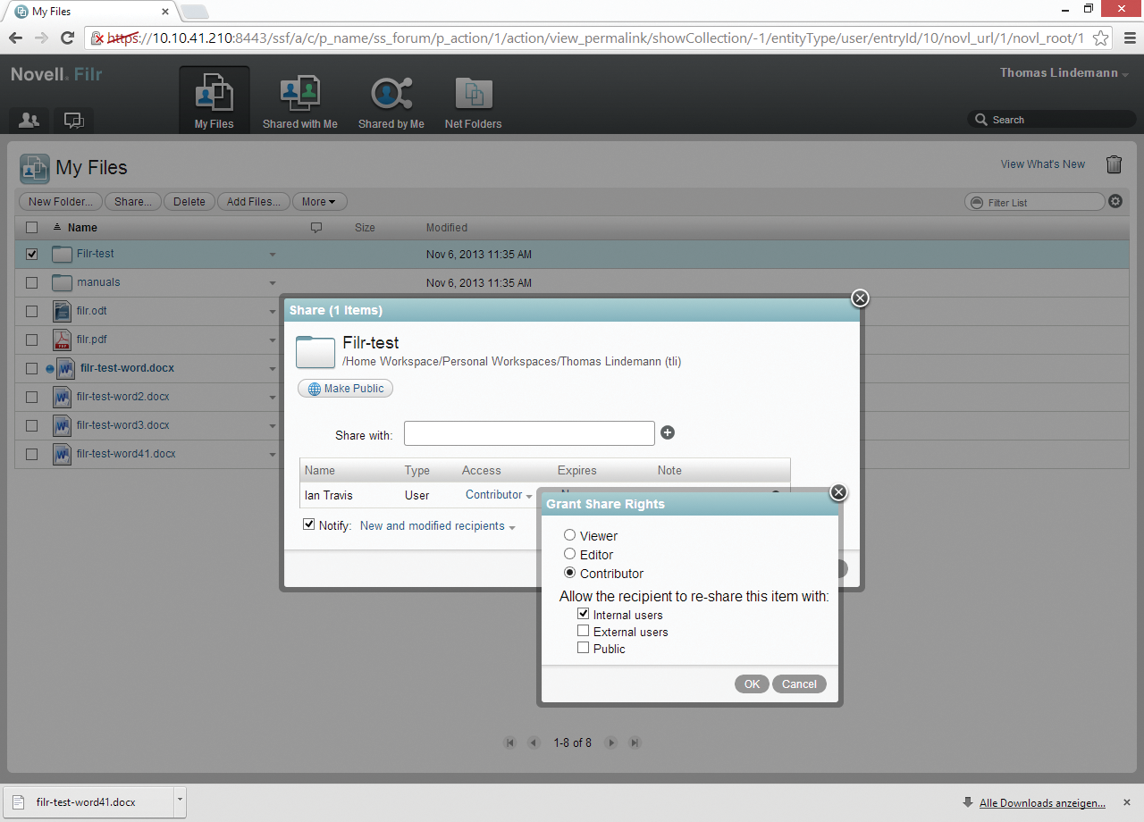 Filr differentiates in terms of share rights between the type of permission (read, write, contribute) and between target groups (internal and external users and guests). Filr differentiates in terms of share rights between the type of permission (read, write, contribute) and between target groups (internal and external users and guests).