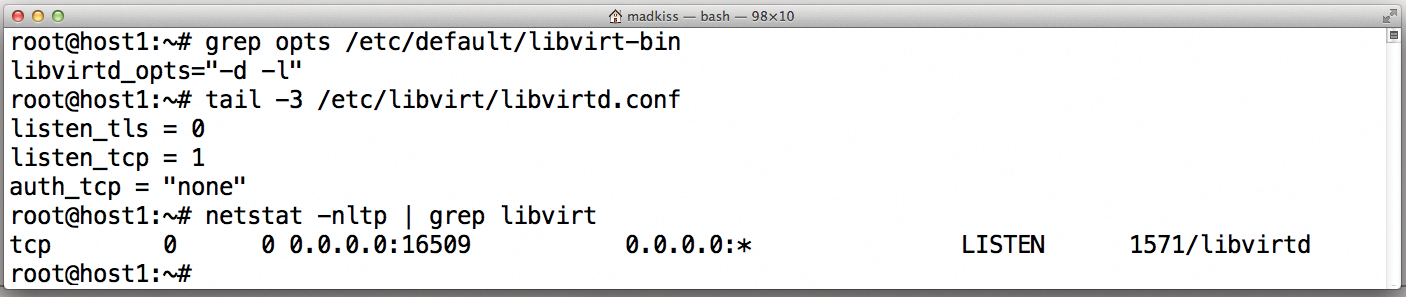 Given the right configuration parameters, Libvirt listens on a port for incoming connections from other Libvirt instances on the network. Given the right configuration parameters, Libvirt listens on a port for incoming connections from other Libvirt instances on the network.