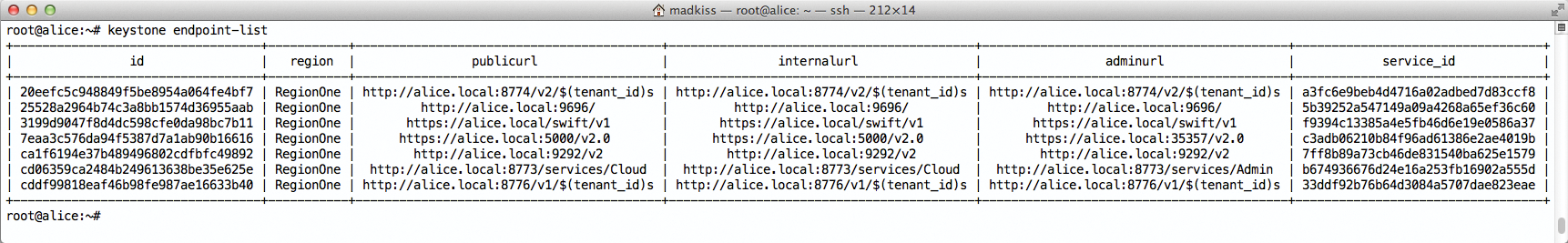 Keystone is the telephone book of the OpenStack cloud. If a load balancer is running on the appropriate port on alice.local, the setup works as desired. Keystone is the telephone book of the OpenStack cloud. If a load balancer is running on the appropriate port on alice.local, the setup works as desired.