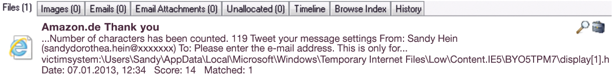 Results of the search for the victim's email address (OSForensics). Results of the search for the victim's email address (OSForensics).