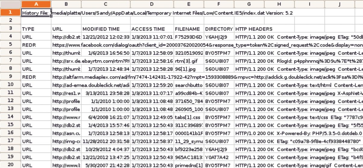 Generating spreadsheets from the contents of index.dat (Pasco). Generating spreadsheets from the contents of index.dat (Pasco).