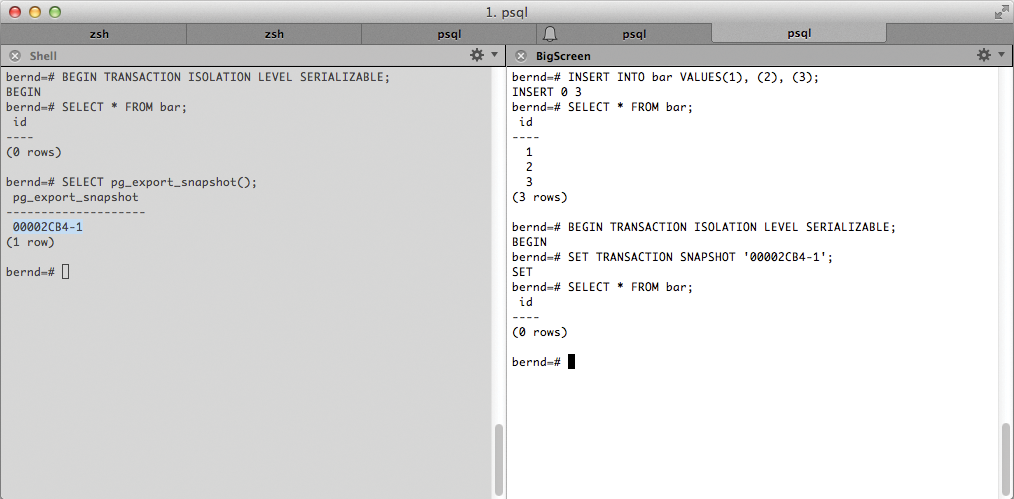 The second transaction (right) references a previously created snapshot; it thus sees the same data. The second transaction (right) references a previously created snapshot; it thus sees the same data.