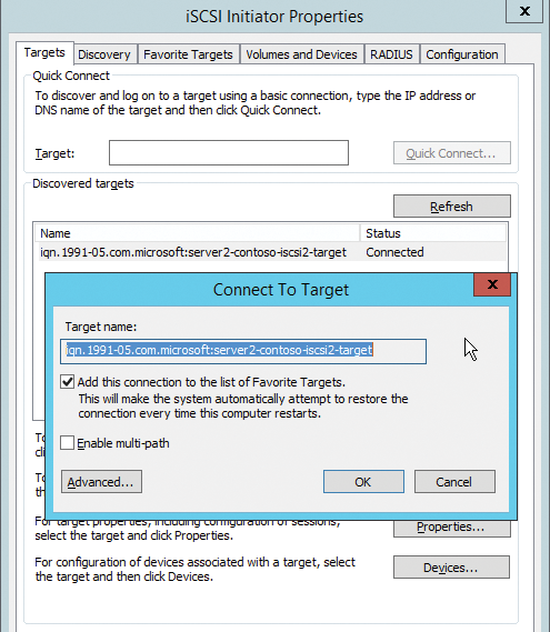 On the cluster node, integrate the virtual iSCSI targets via the iSCSI initiator. On the cluster node, integrate the virtual iSCSI targets via the iSCSI initiator.