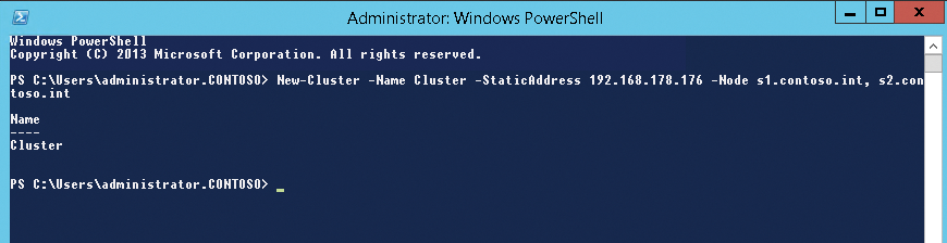 You can create a cluster in Cluster Manager or, as here, via PowerShell. You can create a cluster in Cluster Manager or, as here, via PowerShell.