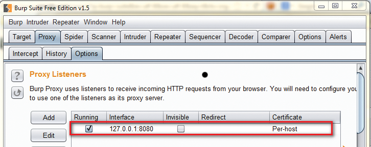 Options tab within the Proxy section. Options tab within the Proxy section.