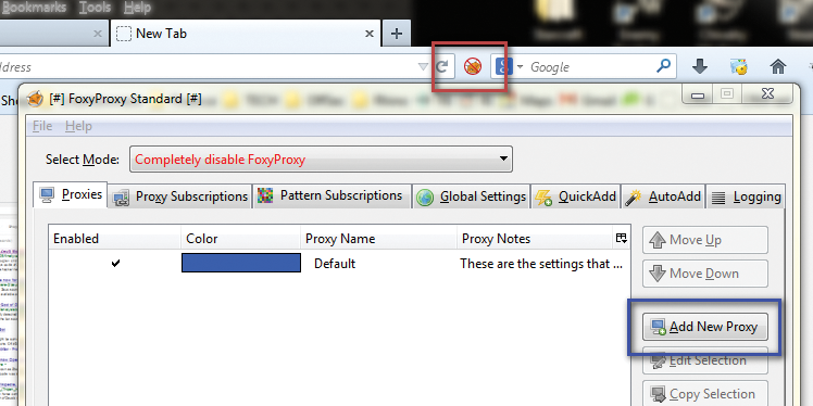 Adding a new proxy setup within FoxyProxy. Adding a new proxy setup within FoxyProxy.