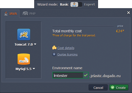 The Jelastic wizard in the dashboard guides you through the task of setting up an initial environment, including a database. The Jelastic wizard in the dashboard guides you through the task of setting up an initial environment, including a database.
