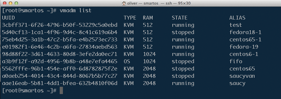 Displaying the installed virtual machines with vmadm list. Displaying the installed virtual machines with vmadm list.