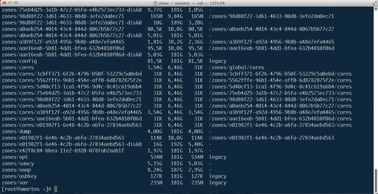 A gaggle of ZFS volumes: SmartOS makes use of the Solaris filesystem's snapshot capabilities. A gaggle of ZFS volumes: SmartOS makes use of the Solaris filesystem's snapshot capabilities.