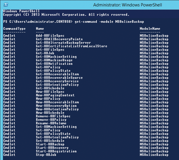 Displaying the available commands for Microsoft Online Backup in PowerShell. Displaying the available commands for Microsoft Online Backup in PowerShell.