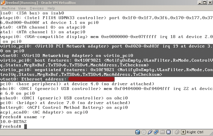Boot messages from the kernel when using virtio with a network card. Boot messages from the kernel when using virtio with a network card.