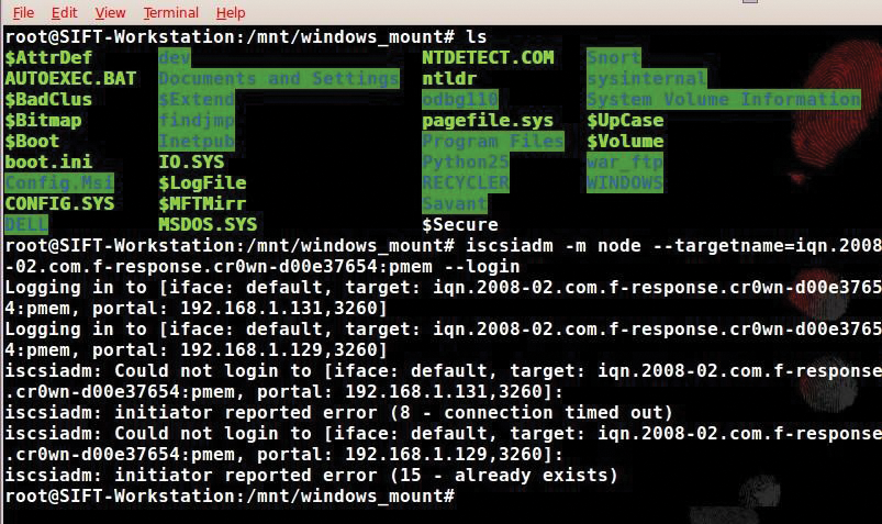 List of files after mounting the memory from the target Windows box, followed by a login to the pmem location. List of files after mounting the memory from the target Windows box, followed by a login to the pmem location.