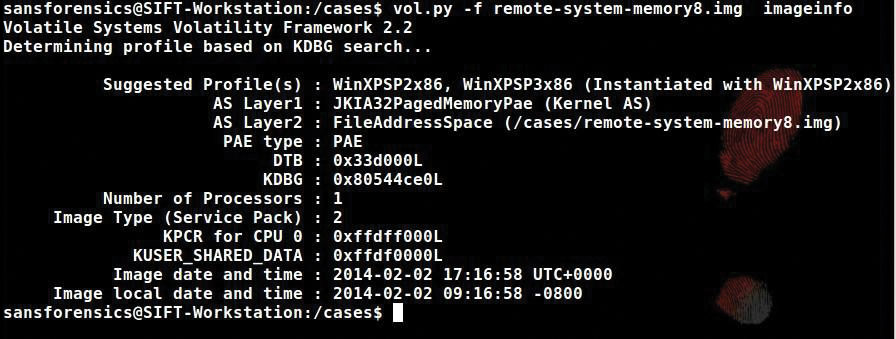Using Volatility to identify the operation system associated with the memory image file. Using Volatility to identify the operation system associated with the memory image file.