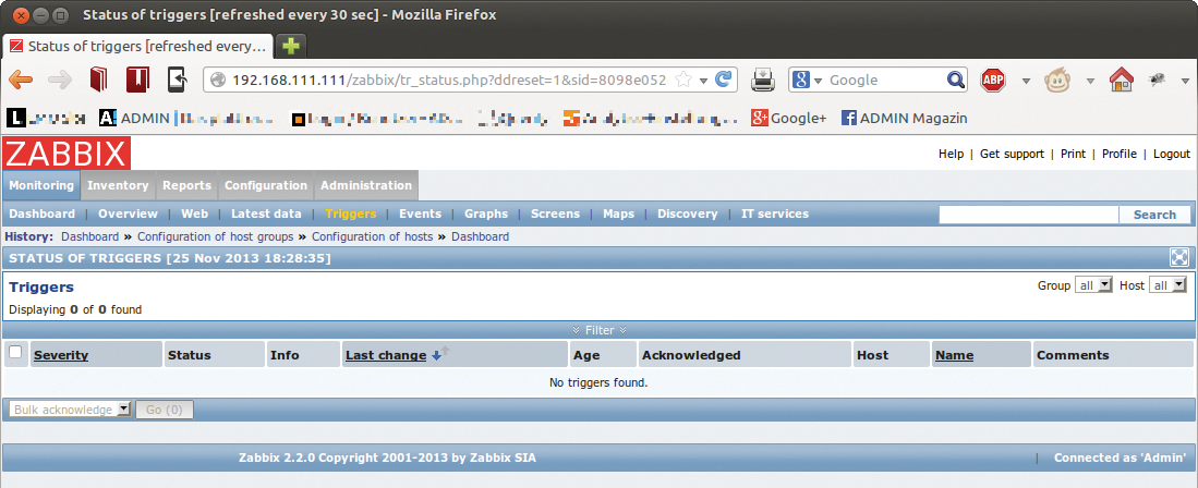 Zabbix shows the status for each trigger in the Monitoring menu. Zabbix shows the status for each trigger in the Monitoring menu.