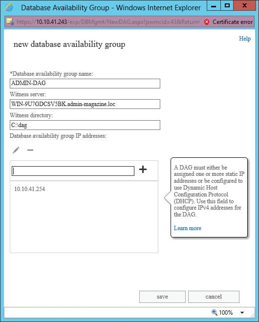DAGs are created either in the web-based Exchange Management Console or in the Exchange Management Shell. DAGs are created either in the web-based Exchange Management Console or in the Exchange Management Shell.