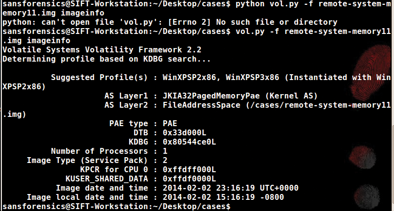 Running volatility for information about the memory image. Running volatility for information about the memory image.