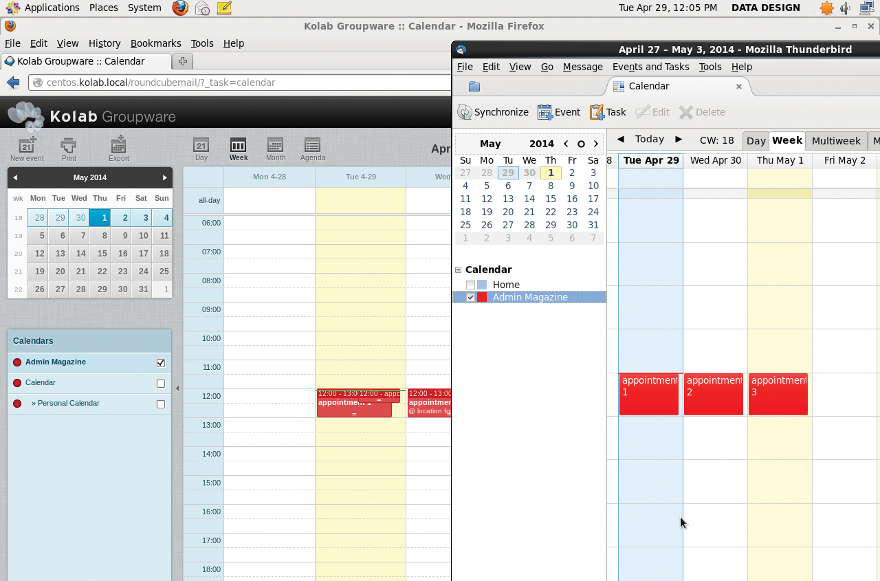 Roundcube, the Kolab webmail client on the left; the same calendar in Thunderbird on the right. Because Mozilla's mailer was not meant for corporate use, it shows weaknesses as a groupware client. Roundcube, the Kolab webmail client on the left; the same calendar in Thunderbird on the right. Because Mozilla's mailer was not meant for corporate use, it shows weaknesses as a groupware client.