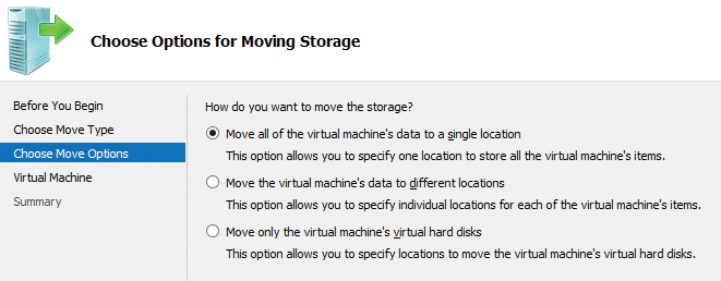 Virtual hard disks on servers can be moved with the help of a wizard. Virtual hard disks on servers can be moved with the help of a wizard.