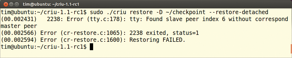 Restoring a process backed up with, but restored without, --shell-job fails without stating the reason. Restoring a process backed up with, but restored without, --shell-job fails without stating the reason.
