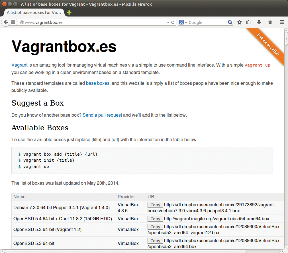 Vagrantbox.es provides links to publicly accessible Vagrant boxes. Their use requires a great deal of trust in the creator. Vagrantbox.es provides links to publicly accessible Vagrant boxes. Their use requires a great deal of trust in the creator.