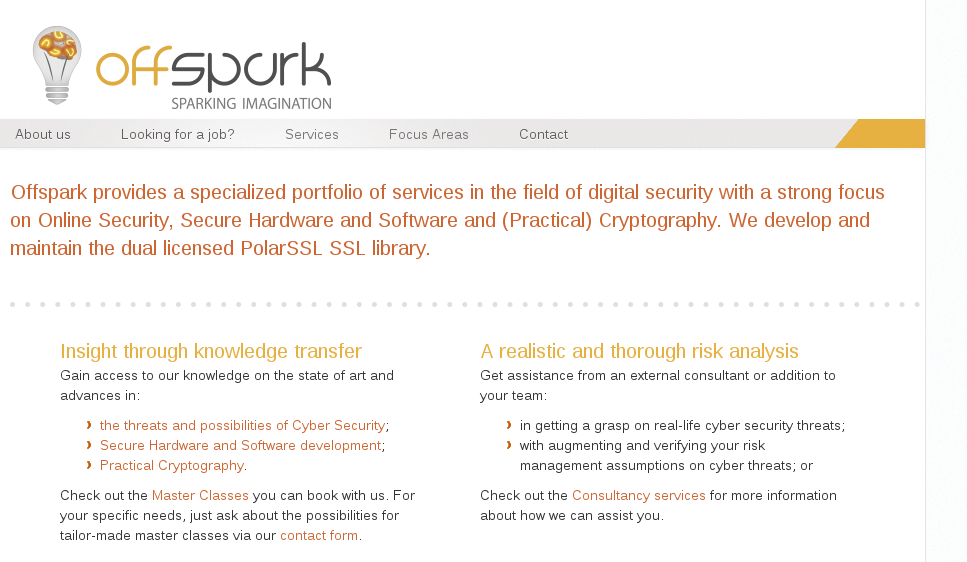 The Dutch Offspark B.V. is driving the development of PolarSSL. The Dutch Offspark B.V. is driving the development of PolarSSL.