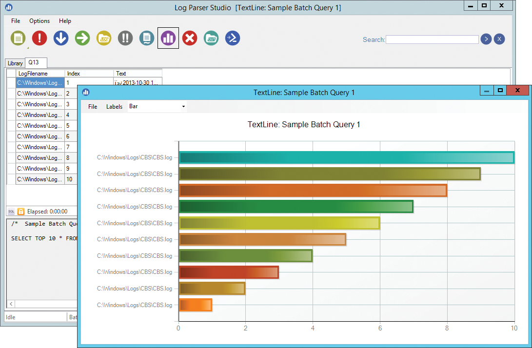 Log Parser Studio supports graphical analysis of tables, for example, as bar charts. Log Parser Studio supports graphical analysis of tables, for example, as bar charts.