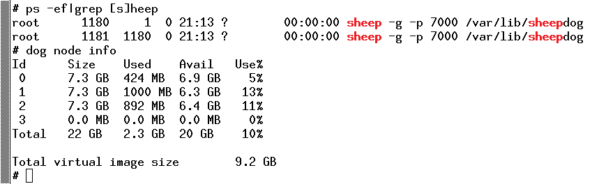 Sheep number 3 only acts as a gateway and thus does not contribute to the total storage space available in the Sheepdog cluster. Sheep number 3 only acts as a gateway and thus does not contribute to the total storage space available in the Sheepdog cluster.