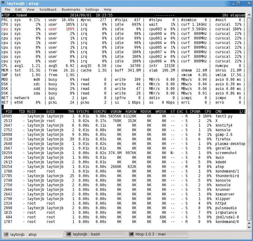 Sample output from atop while running an application. Sample output from atop while running an application.