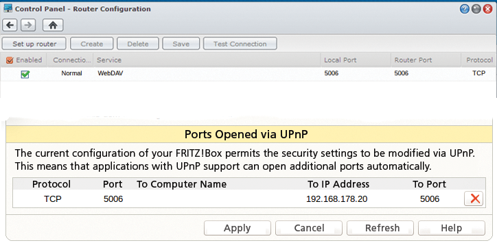 Top: Port forwarding in the NAS GUI (Synology DS214 +). Bottom: Resulting NAT router port forwarding (on a Fritz!Box Fon 7170). Top: Port forwarding in the NAS GUI (Synology DS214 +). Bottom: Resulting NAT router port forwarding (on a Fritz!Box Fon 7170).
