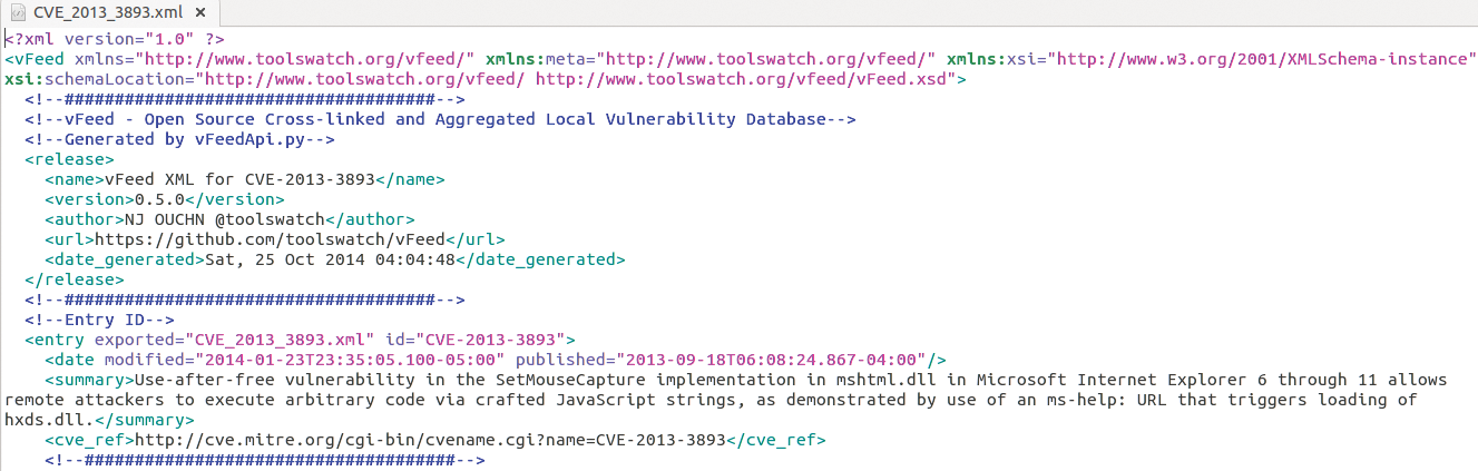 Raw vFeed XML data. Raw vFeed XML data.