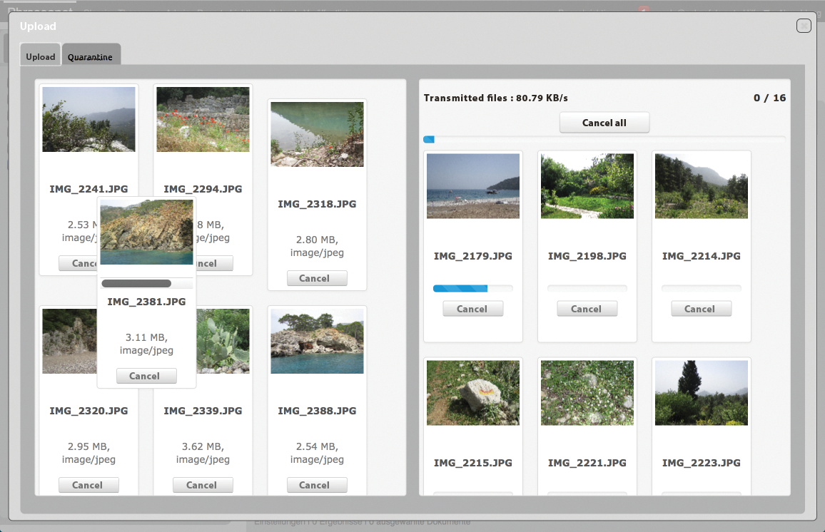 Users can re-sort the order of their files (left-hand side) in the Phraseanet HTML5 uploader before uploading. You can see the progress on the right-hand side. Users can re-sort the order of their files (left-hand side) in the Phraseanet HTML5 uploader before uploading. You can see the progress on the right-hand side.