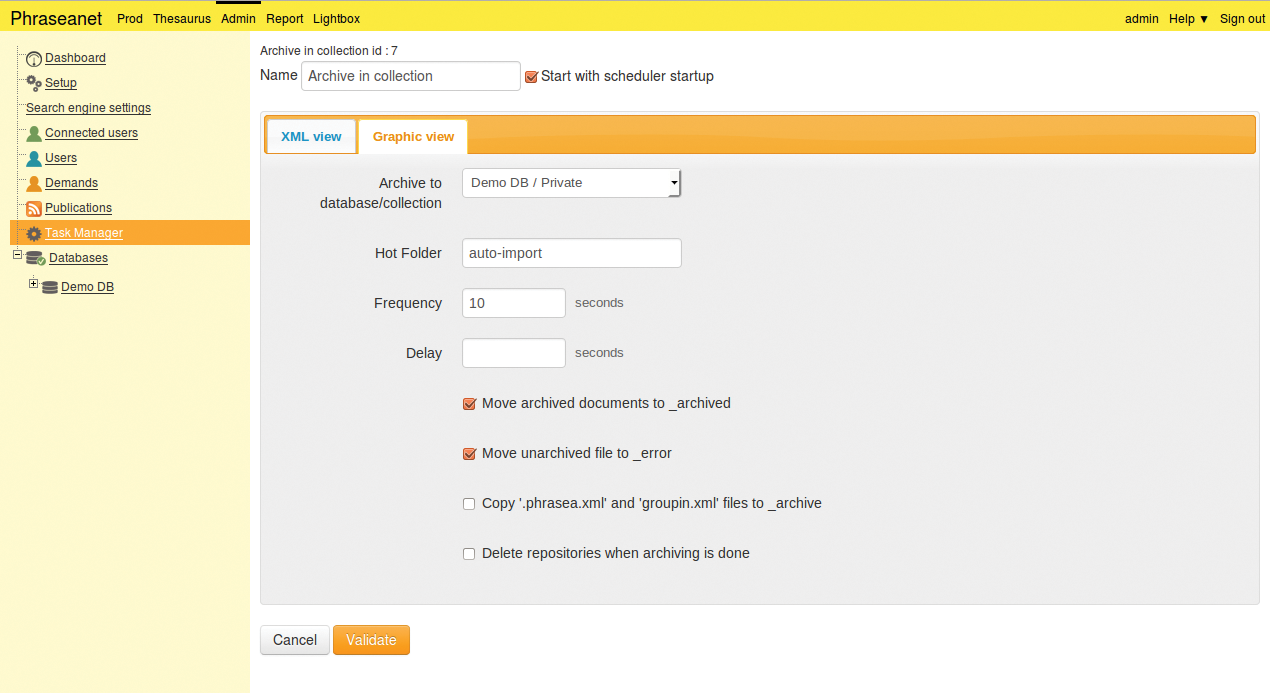 Phraseanet monitors directories in predefined intervals via the Hot Folder and automatically imports new files. Phraseanet monitors directories in predefined intervals via the Hot Folder and automatically imports new files.