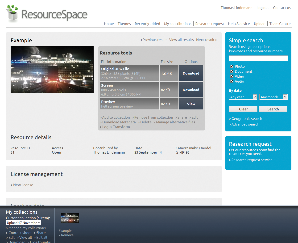 In the single-pane view, ResourceSpace visitors find the download links to the file, a preview function, and metadata, including a map for geodetic data. In the single-pane view, ResourceSpace visitors find the download links to the file, a preview function, and metadata, including a map for geodetic data.