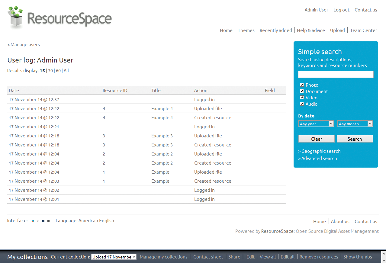 ResourceSpace keeps track of all users' actions and displays the actions in a list sorted by date. ResourceSpace keeps track of all users' actions and displays the actions in a list sorted by date.