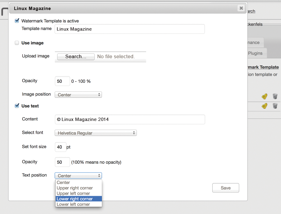 Razuna not only uses preconfigured watermarks, it also lets you create the stamp text yourself in a simple dialog. Razuna not only uses preconfigured watermarks, it also lets you create the stamp text yourself in a simple dialog.