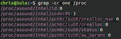 Grep shows a sound codec file on the /proc virtual filesystem that returns three hits for the pattern "one." Grep shows a sound codec file on the /proc virtual filesystem that returns three hits for the pattern "one."