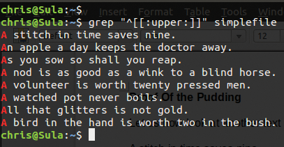 A grep pattern match using regular expressions highlights the uppercase character at the start of a line. A grep pattern match using regular expressions highlights the uppercase character at the start of a line.